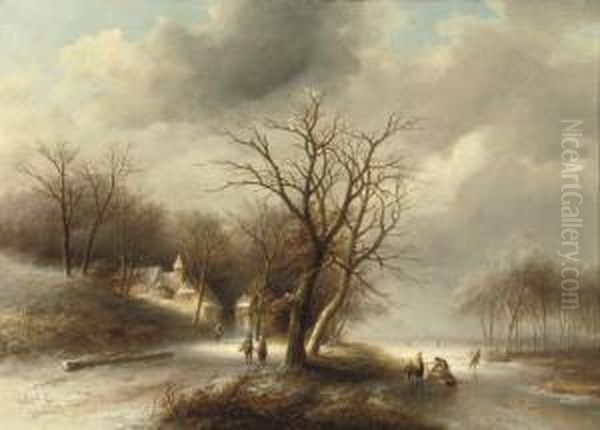 Along A Frozen Waterway Oil Painting by Jan Evert Morel