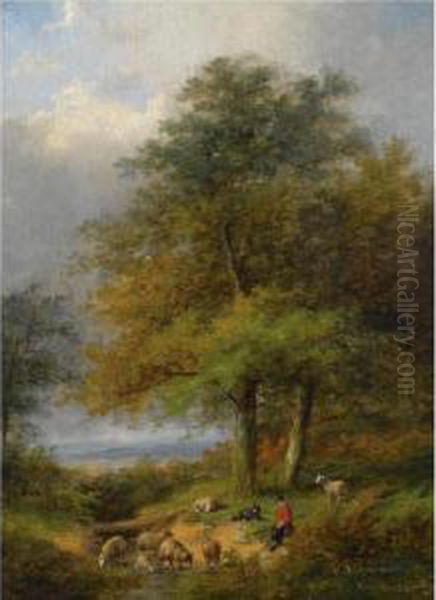 A Shepherd In A Forest Landscape Oil Painting by Jan Evert Morel