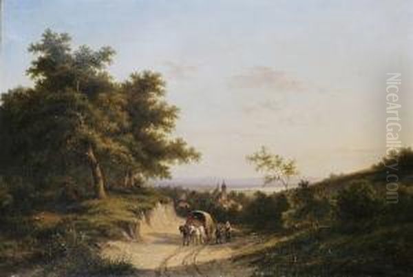 Figures And Horse Drawn Cart In 
An Extensive Landscape, A Town And Lake Beyond; Figures And Pack-horses 
In An Extensive Landscape, A Windmill And Town Beyond Both 'j. E. 
Morel' Oil Painting by Jan Evert Morel