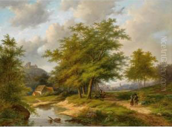 Travellers In A Sunlit Landscape Oil Painting by Jan Evert Morel