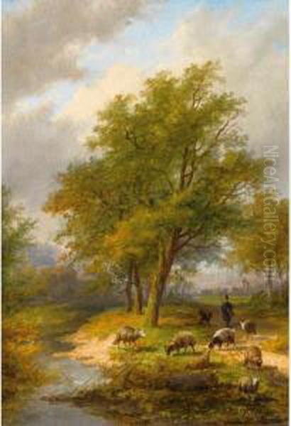 A Shepherd And His Flock In A Summer Landscape Oil Painting by Jan Evert Morel