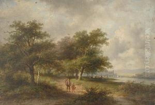 Figures Walking By A River. Oil Painting by Jan Evert Morel