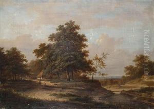 A Country Landscape With Figures Resting On A Track. Oil Painting by Jan Evert Morel