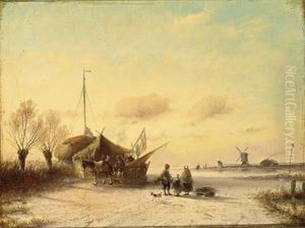 Figures Near A 'koek En Zopie' On A Frozen Waterway Oil Painting by Jan Evert Morel