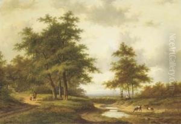 Figures Resting By A Ford Oil Painting by Jan Evert Morel