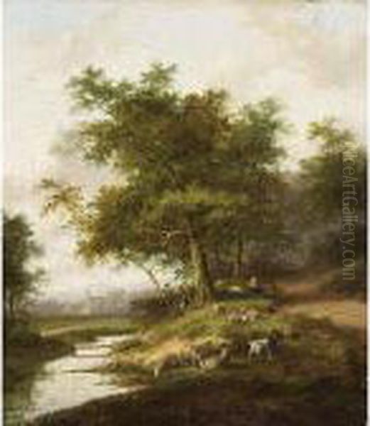 A Shepherdess And Her Flock At Rest Oil Painting by Jan Evert Morel