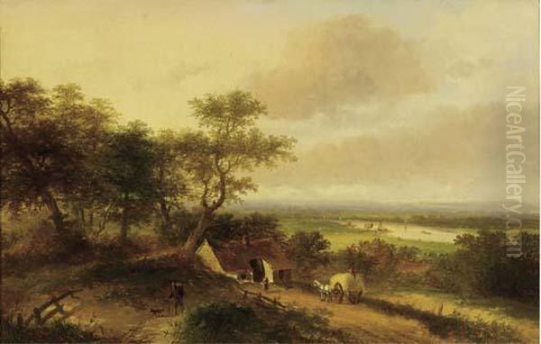 A Haycart By A Farm In A Panoramic River Landscape Oil Painting by Jan Evert Morel