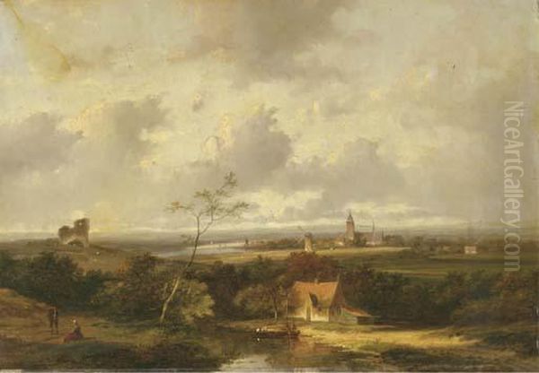 A Panoramic River Landscape With A Town In The Distance Oil Painting by Jan Evert Morel