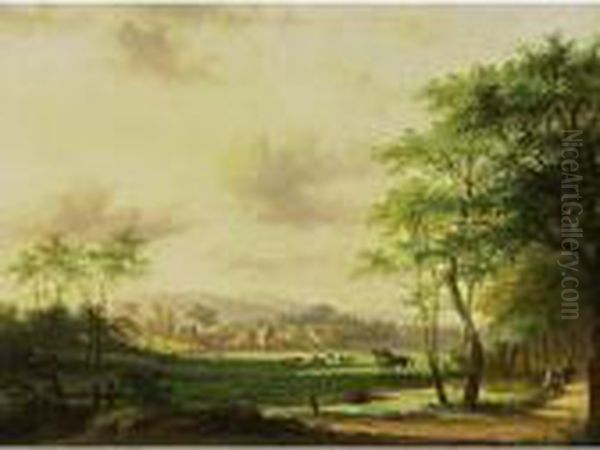 Travellers In A Wooded Summer Landscape Oil Painting by Jan Evert Morel