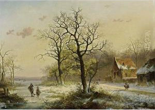 Conversing Figures On A Frozen Ditch Oil Painting by Jan Evert Morel