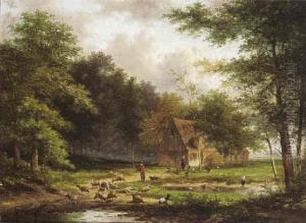 Shepherd And His Flock In A Wooded Landscape Oil Painting by Jan Evert Morel