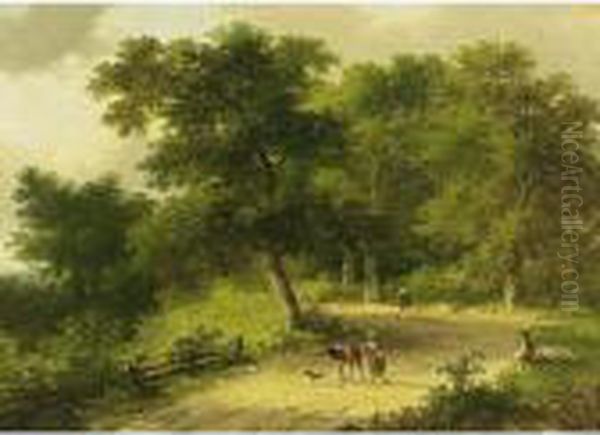 Travellers In A Wooded Summer Landscape Oil Painting by Jan Evert Morel