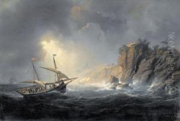 Sturmische Kustenpartie Mit Segelschiffen. Oil Painting by Antoine Leon Morel-Fatio