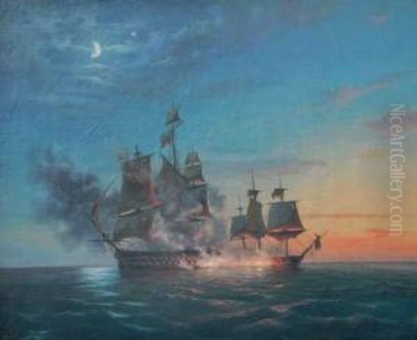 Combat Naval Le Soir Oil Painting by Antoine Leon Morel-Fatio