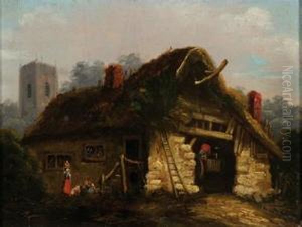 Figures At A Barn Oil Painting by George Moreland