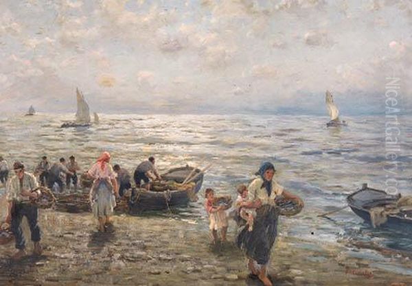 Pescatori Sulla Spiaggia Oil Painting by Federico Morello