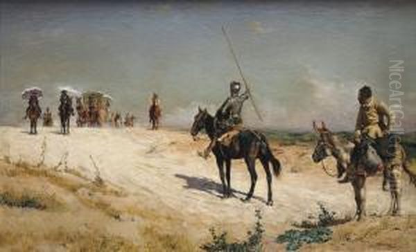 Don Quijote Y Sancho Panza Deteniendo La Caravana Oil Painting by Jose Moreno Carbonero