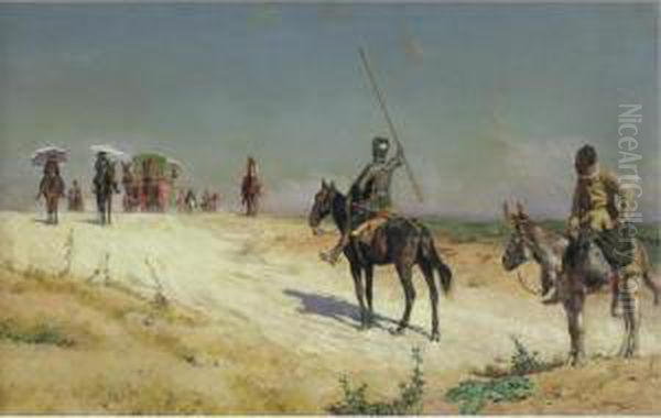 Don Quixote Halting The Caravan Oil Painting by Jose Moreno Carbonero