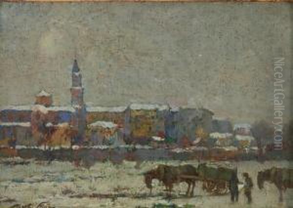 Neve A Milano Oil Painting by Mario Moretti Foggia