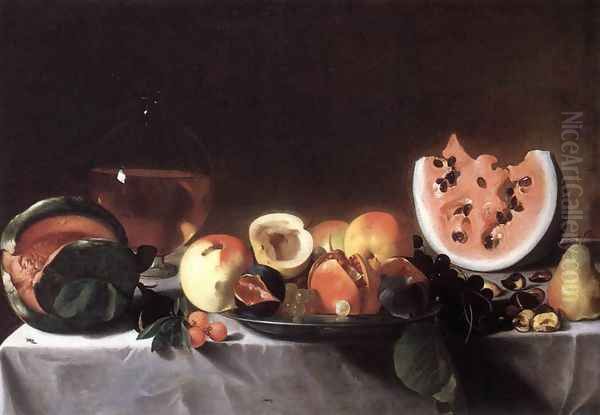 Still-Life with Fruit and a Carafe of White Wine c. 1615 Oil Painting by Pensionante Del Saraceni