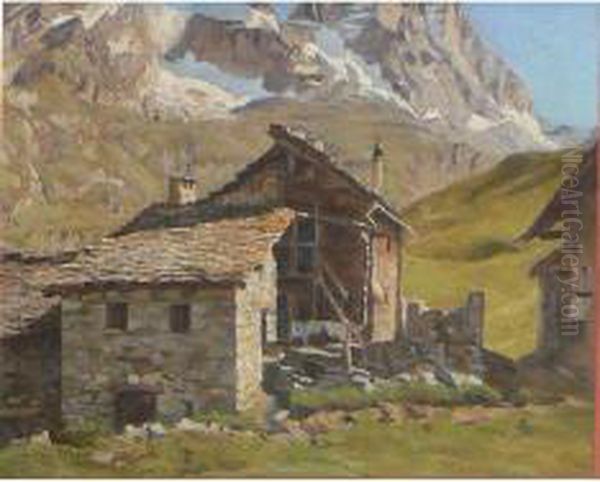 Paesaggio Montano Con Baite Oil Painting by Mario Moretti Foggia