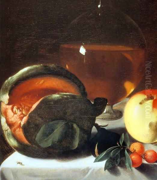 Still-Life with Fruit and a Carafe of White Wine (detail) Oil Painting by Pensionante Del Saraceni