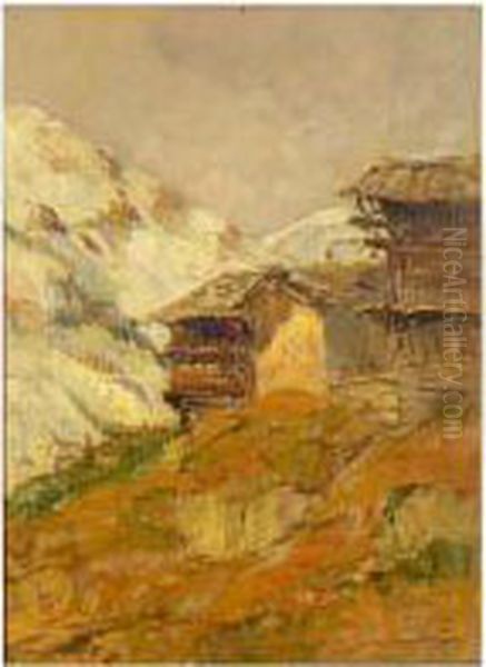 Paesaggiom Montano Con Baite Oil Painting by Mario Moretti Foggia