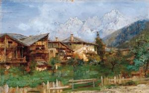 Paesaggio Montano Con Caseggiati E Baite Oil Painting by Mario Moretti Foggia