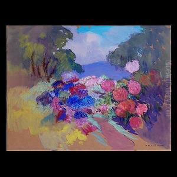 Californian Carmel Valley Viewwith Blooming Hydrangeas Oil Painting by Mary Deneale Morgan