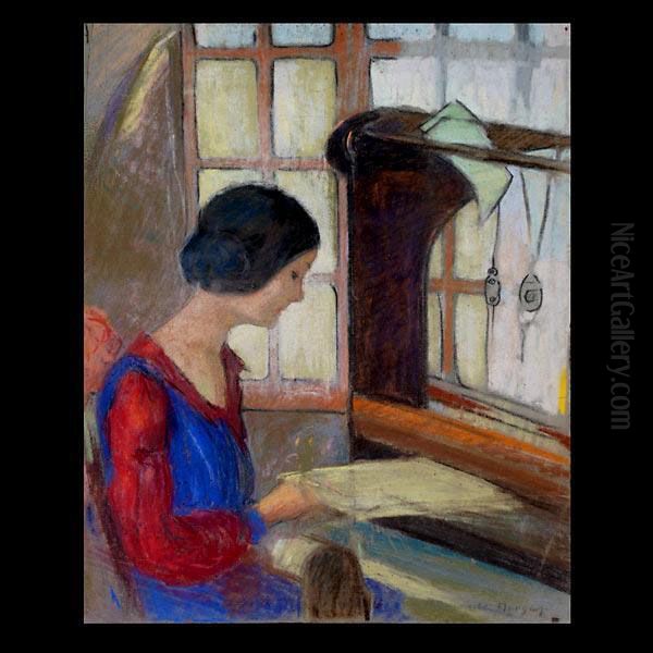 Woman Weaving At The Carmel Arts And Crafts Club Oil Painting by Mary Deneale Morgan