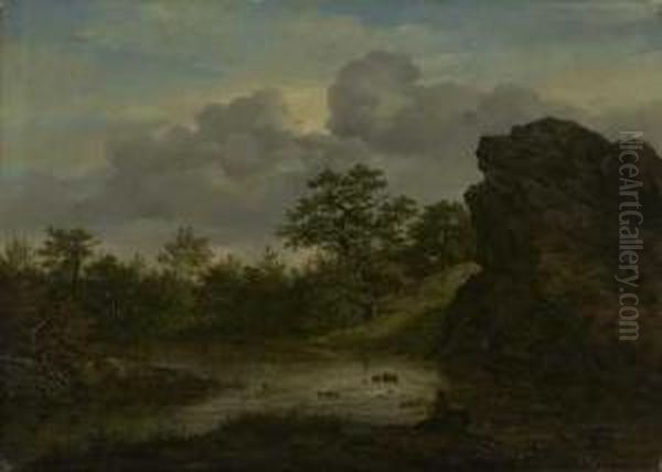 Felsvorsprung Mit Teich Und Rastendem Reisigsammler Oil Painting by Carl Morgenstern