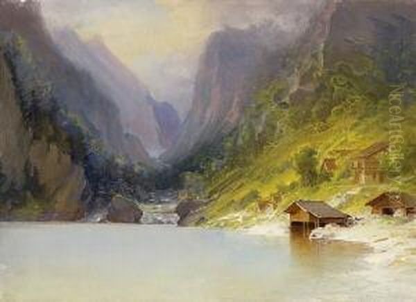 Gebirgssee Mit Bauern- Und
 Bootshausern. Oil Painting by Carl Morgenstern