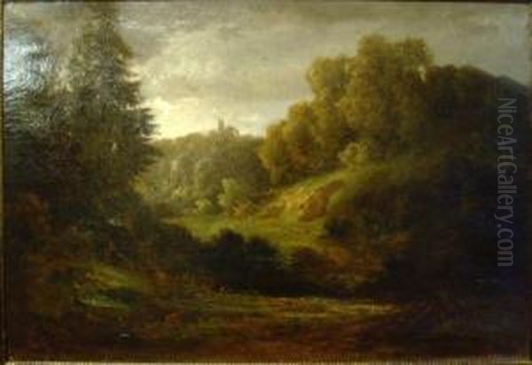 Waldlandschaftt Mit Fernsicht Auf Burg Oil Painting by Carl Ernst Morgenstern