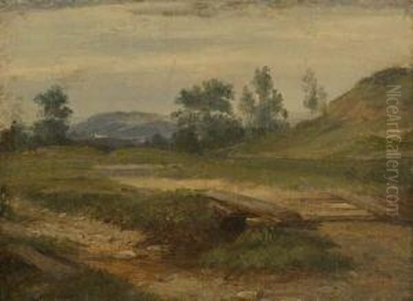 Bachlauf Mit Holzbrucke In
 Hugeliger Landschaft. Oil Painting by Christian Bernhard Morgenstern