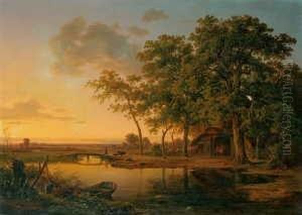 Flusslandschaft Nach
 Sonnenuntergang.

 Signiert Und Datiert Unten Links: Chr. Morgenstern Oil Painting by Christian Bernhard Morgenstern