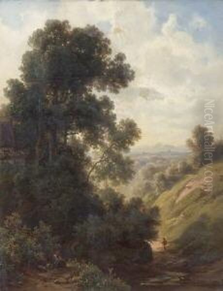 Hohlweg Mit Wanderer Im Dachauer
 Land. Oil Painting by Christian Bernhard Morgenstern