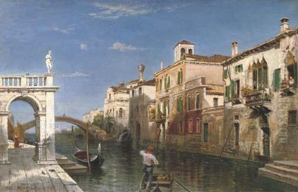 A Venetian Canal Oil Painting by Friedrich Ernst Morgenstern