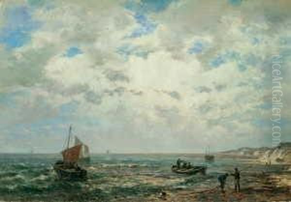 Fischerboote Vor Der Kuste. 
Signiert Unten Rechts: F.e. Morgenstern. Ol Auf Leinwand. H 39; B 55,5 
Cm. Provenienz: Galerie Prestel, Frankfurt/main. Oil Painting by Friedrich Ernst Morgenstern