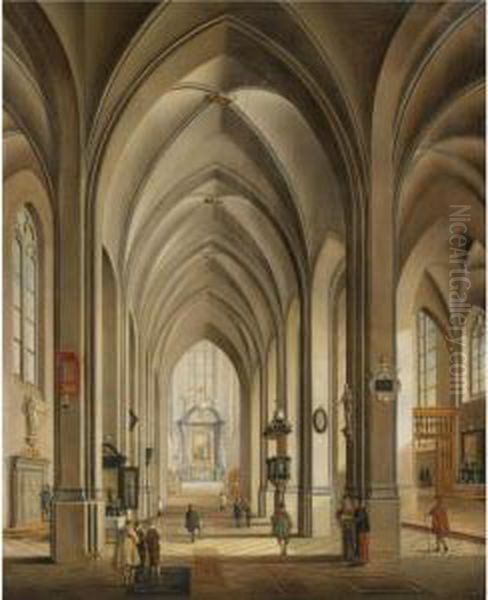 A Cathedral Interior With Figures Oil Painting by Johann Ludwig Ernst Morgenstern