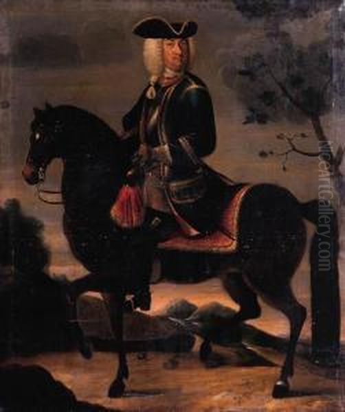 An Equestrian Portrait Of A 
Military Commander, In A Blue Coat Witha Breast Plate And A Tricorn Oil Painting by David Morier