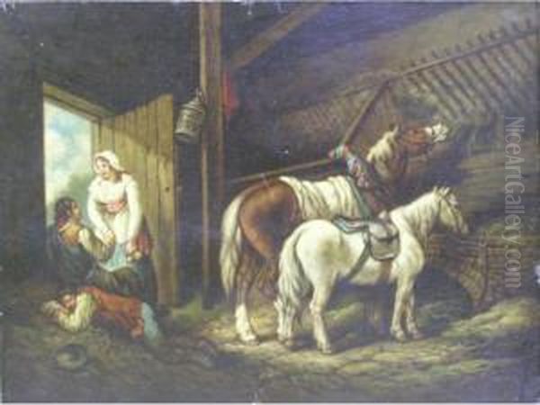 Interior Of A Stable With Horses And Figures Oil Painting by Henry Robert Morland