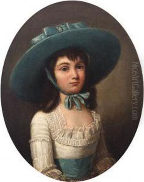 Portrait Of Penelope Merton, Half Length, Wearing A Blue Hat Oil Painting by Henry Robert Morland