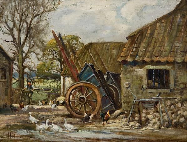 A Farmyard Oil Painting by Harry Morley