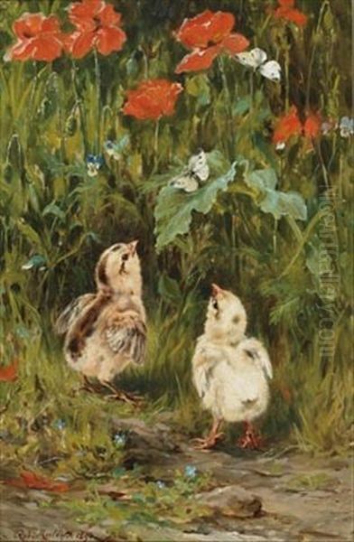 Chicks And Butterflies Amongst Poppies Oil Painting by Robert Morley