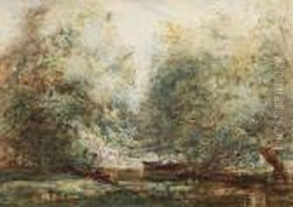 Boating On A Woodland Lake Oil Painting by Thomas William Morley