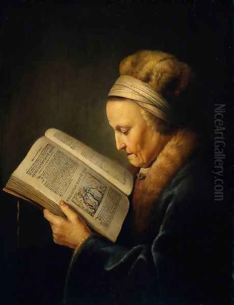 Old Woman Reading a Lectionary (or So-called Portrait of Rembrandt's Mother) Oil Painting by Gerrit Dou