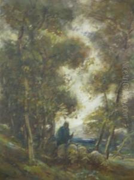 Shepherdess And Flock In A Shady Wood Oil Painting by Thomas William Morley