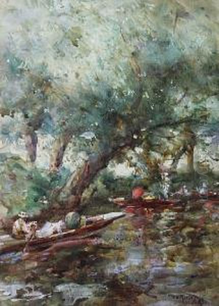 Punts On A Quiet Backwater Oil Painting by Thomas William Morley