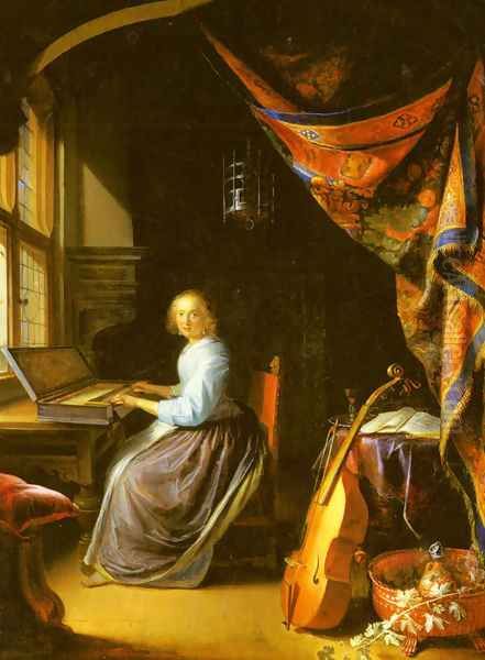 A Woman Playing A Clavichord Oil Painting by Gerrit Dou