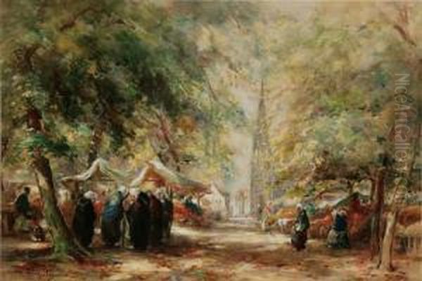 Bruges Flower Market Oil Painting by Thomas William Morley